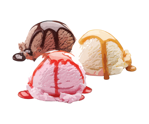image of 3 scoops of ice cream with sauces on top