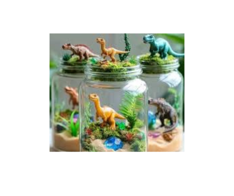image of mason jar with dinosaur figurines inside