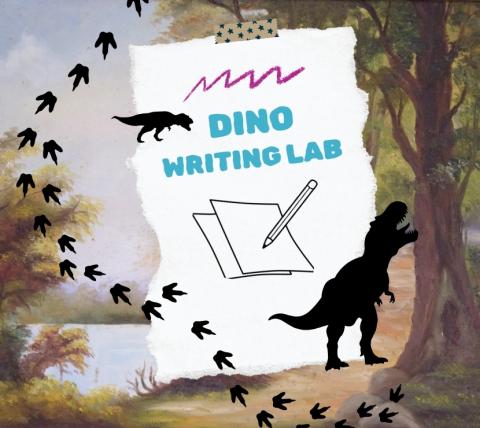 graphic that says "dino writing lab" and includes illustrations of dinosaurs and their tracks.
