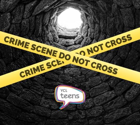 graphic of the bottom of a well - looking up to the sky. Yellow "crime scene" tape is laid across the image in an X shape.