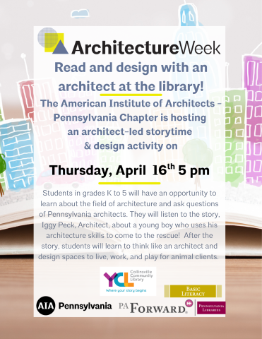 image of desk with architecture supplies and words about the event time and date