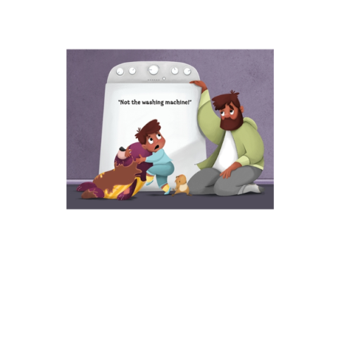 boy and father and stuffed bear next to washing machine