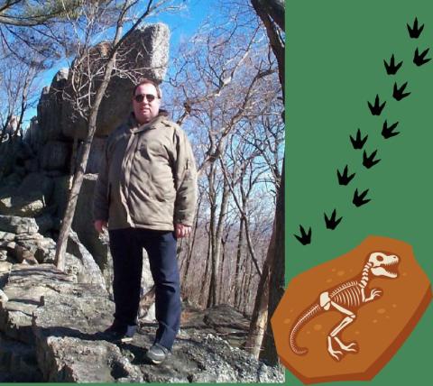 man standing on a rock with a blue sky and tree in the background, next to a green border with dinosaur trracks and a dinosaur fossil