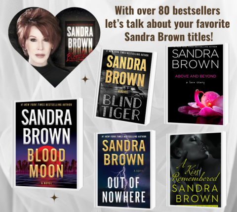 Graphic with a photo of author Sandra Brown surrounded by 5 of her novel book jackets