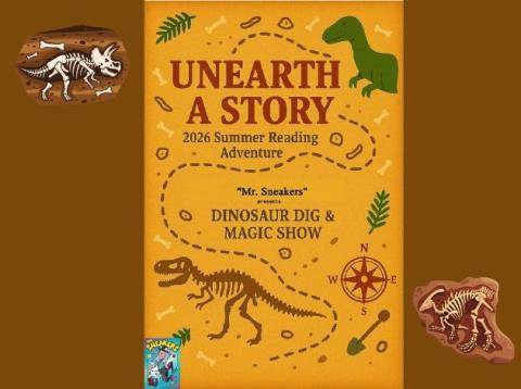 brown background with dinosaur fossils and an orangish center that looks like a treasue map with dinsoaurs and archaeology items