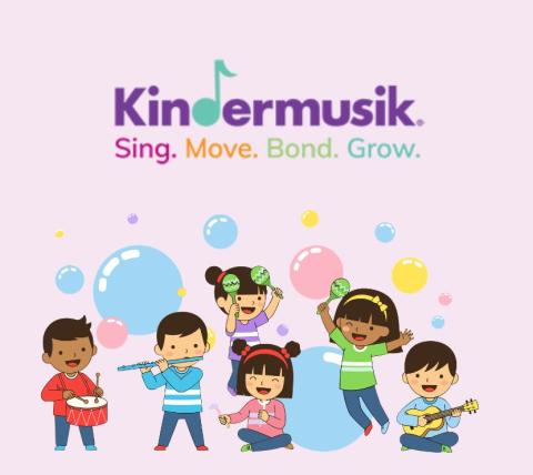 kindermusik logo on pink background with children dancing and playing musical instruments