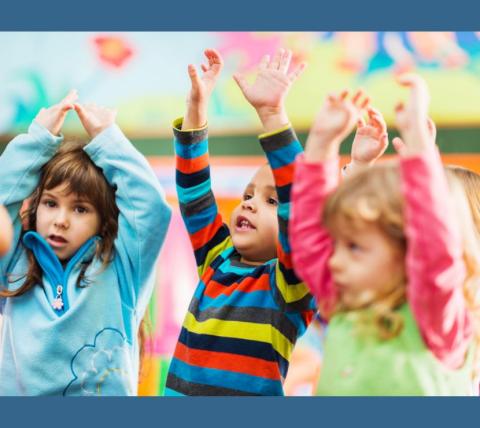 3 young children with their hands in the air on a colorful background
