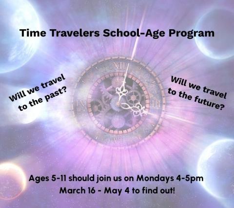 purplish space background with a clockface in the middle surrounded by program details text