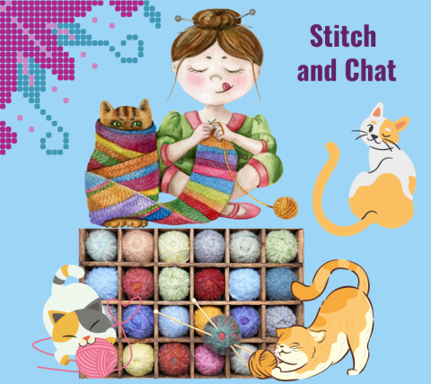 Graphic of woman knitting while sitting cross legged on top of a yarn shelf with kittens playing with the threads of yarn.