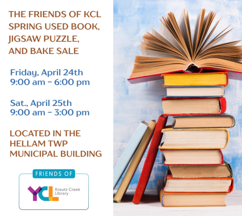 Photo of a stack of books and text telling dates and times of book sale.