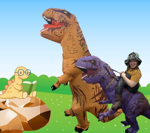 small yellow dinosaur sitting on a rock reading a book to a t-rex, and a person riding a purple dinoaur