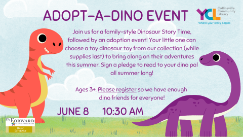 image of colorful dinos alongside details for story time event