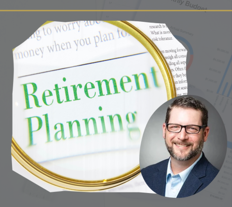 Magnifying glass highlighting the words Retirement Planning on a document. A photo of the presenter Sean Clark is included.
