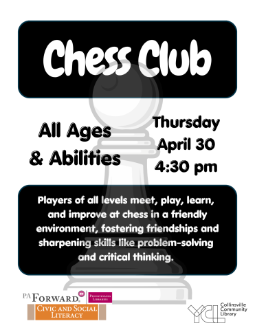 black and white flyer with Chess Club date and time and pawns