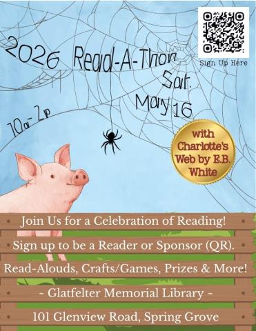 Image of a pig behind a fence and a spider hanging from a web to promote Glatfelter Memorial Library's annual Read-A-Thon!