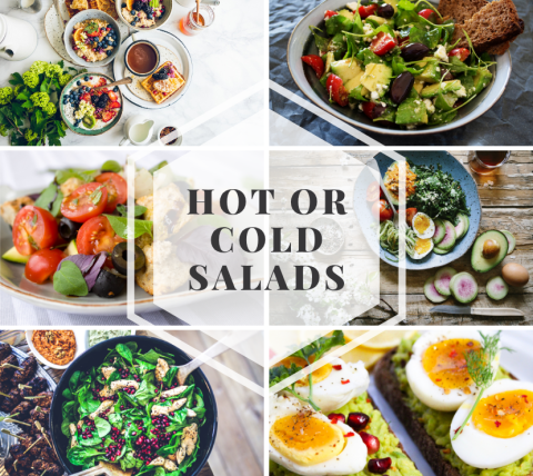 Grid of 6 salad photos with text displayed in center: hot or cold salads