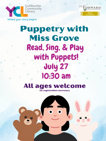 image of person with puppets and event details