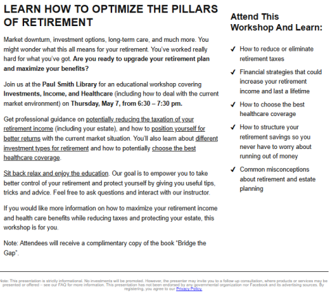 Learn How to Optimize the Pillars of Retirement - a financial workshop led by Sean Clark and presented at Paul Smith Library on May 7 at 6:30pm
