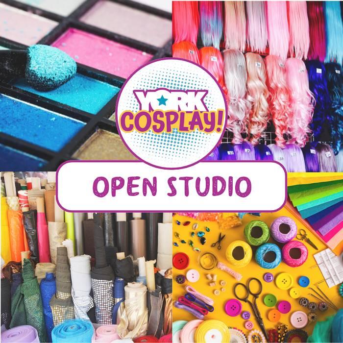 york cosplay graphic with four images including makeup palettes, wigs, fabrics, and sewing materials