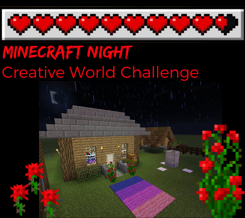 Minecraft health bar with hearts and a minecraft house with flowers