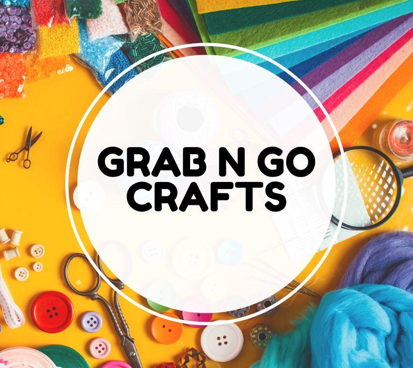 colorful craft supplies on a yellow background, overlaid with a circle that says grab n go crafts