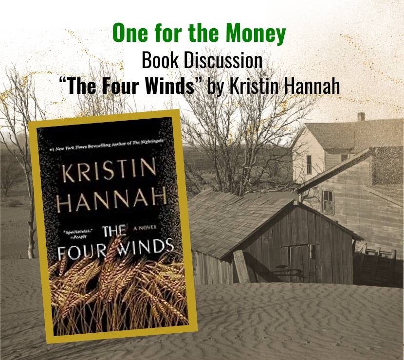 Background of prairie homestead with book jacket of "The Four Winds" by Kristin Hannah