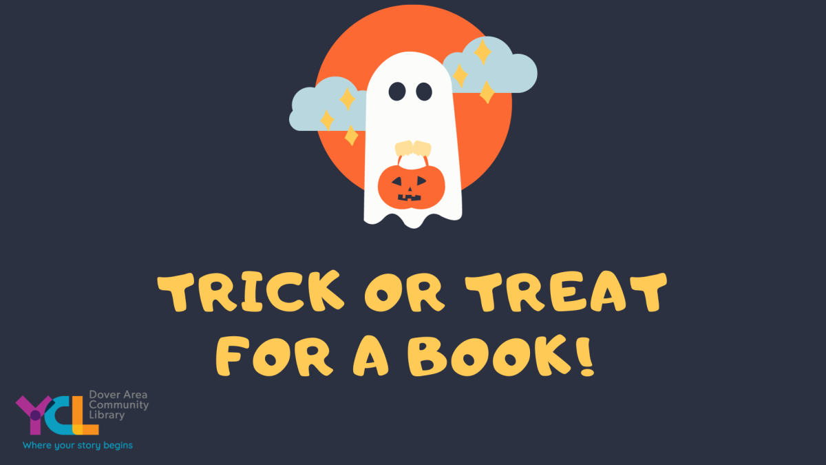 A ghost trick or treating with the phrase "Trick or Treat for a Book!" 