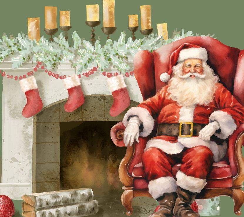 santa sitting in chair in front of a fireplace with Christmas stockings, garland and candles