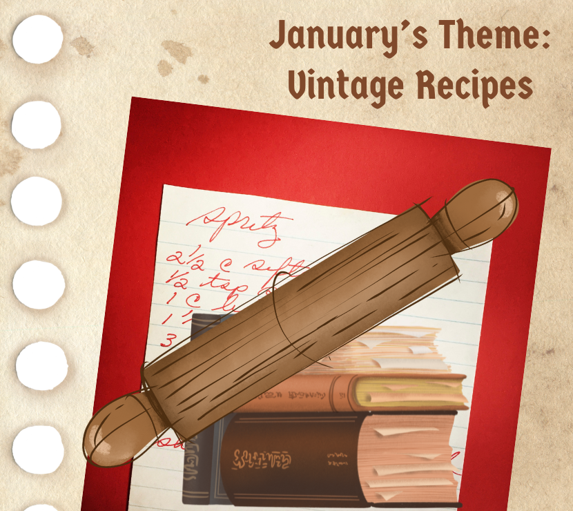 Photo of a handwritten recipe, a stack of old cookbooks, and a rolling pin