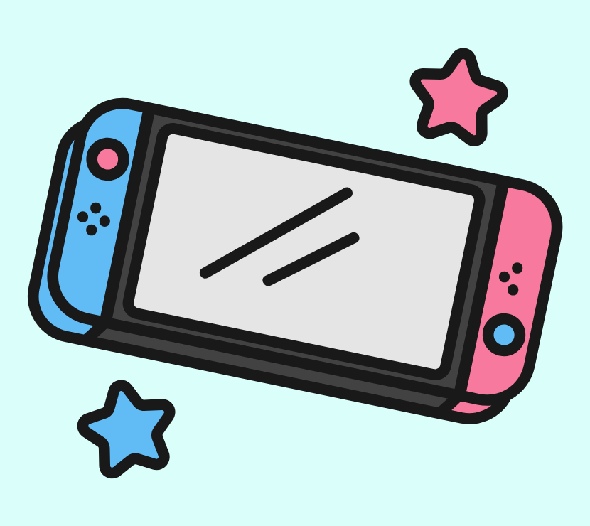 Animated Nintendo Switch with one star above and one star below.