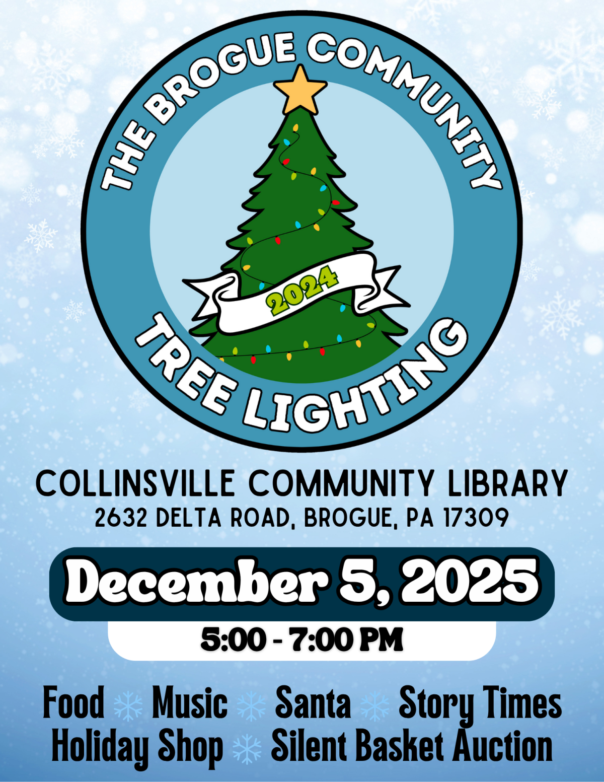 image of green tree with star on top and words Brogue Community Tree Lighting