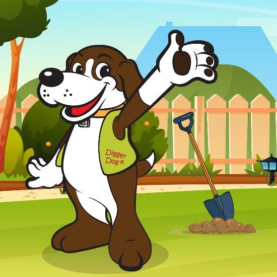 Digger Dog mascot with a shovel in a yard