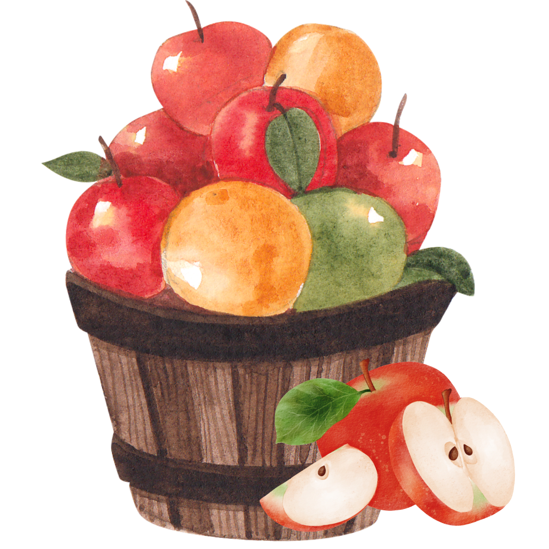 Basket of apples with one apple and several slices laid next to the basket.