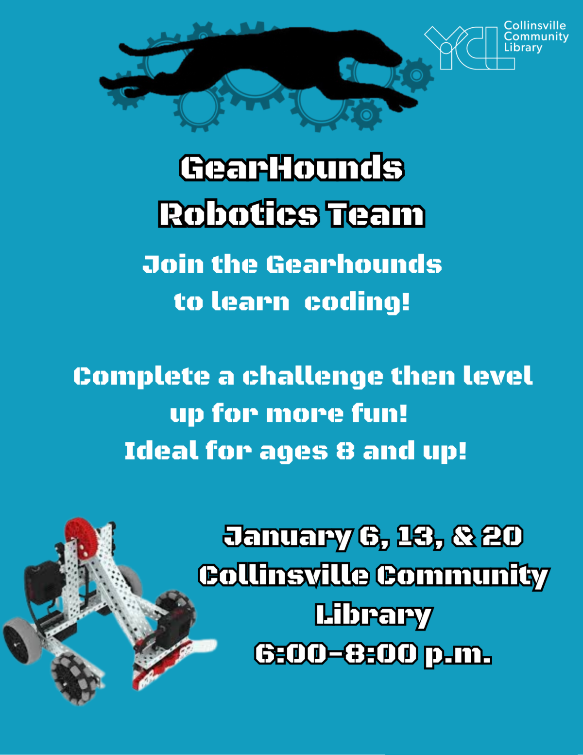 flyer with gearhounds dog and gears logo as well as text explaining date and time