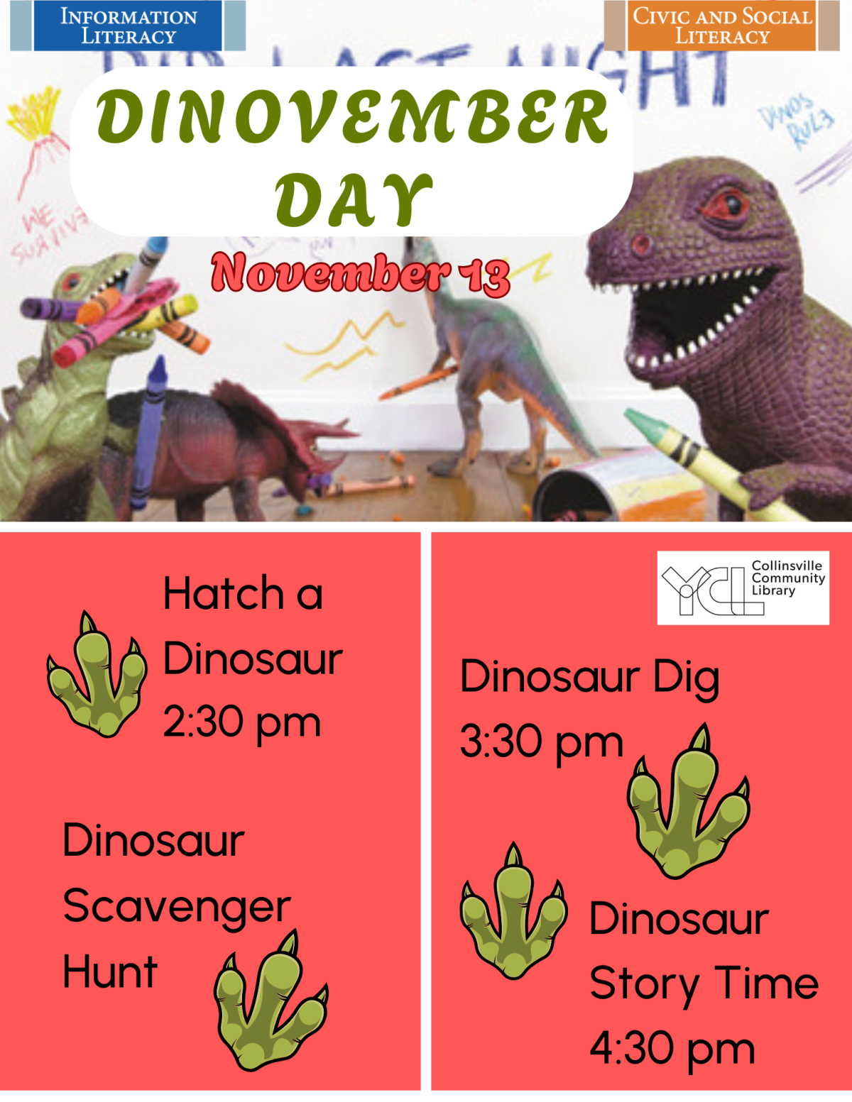 flyer with dinosaur images and list of events for the day