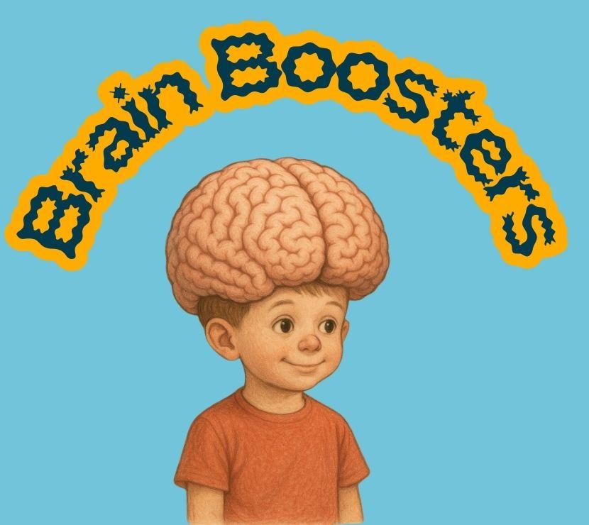 blue background, brain boosters text in an arch over a boy in an orange shirt with a large brain
