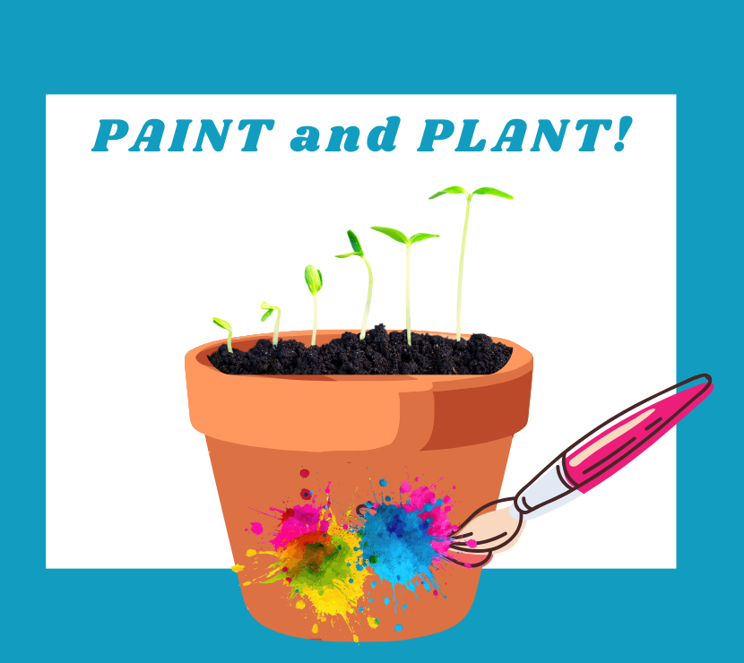 Paintbrush painting a flower pot with growing plant.