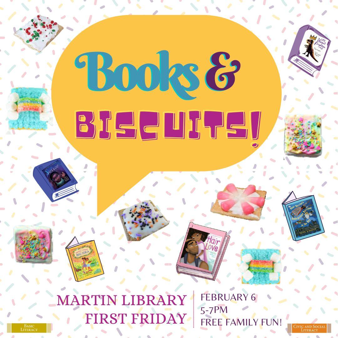 Event poster showing book covers and graham crackers with frosting