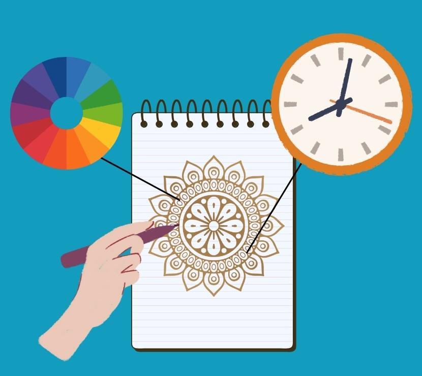 Hand drawing Mandala on paper with color wheel and clock next to it