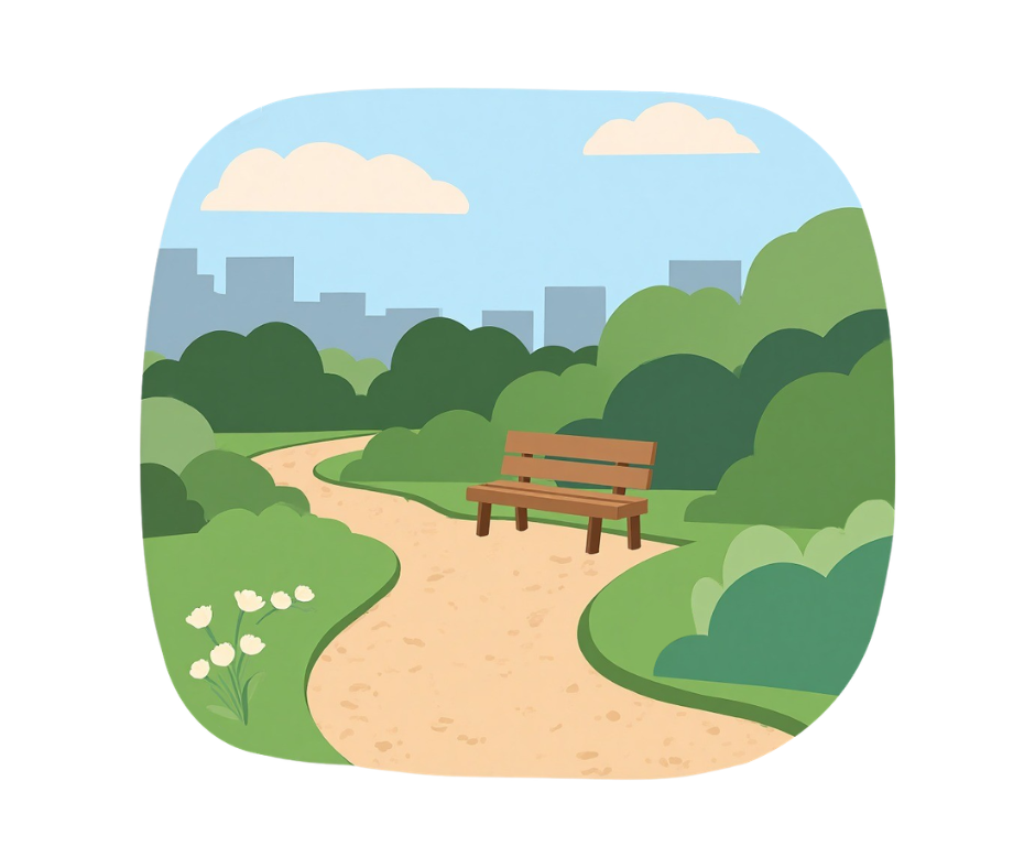 image of path through grass with a bench