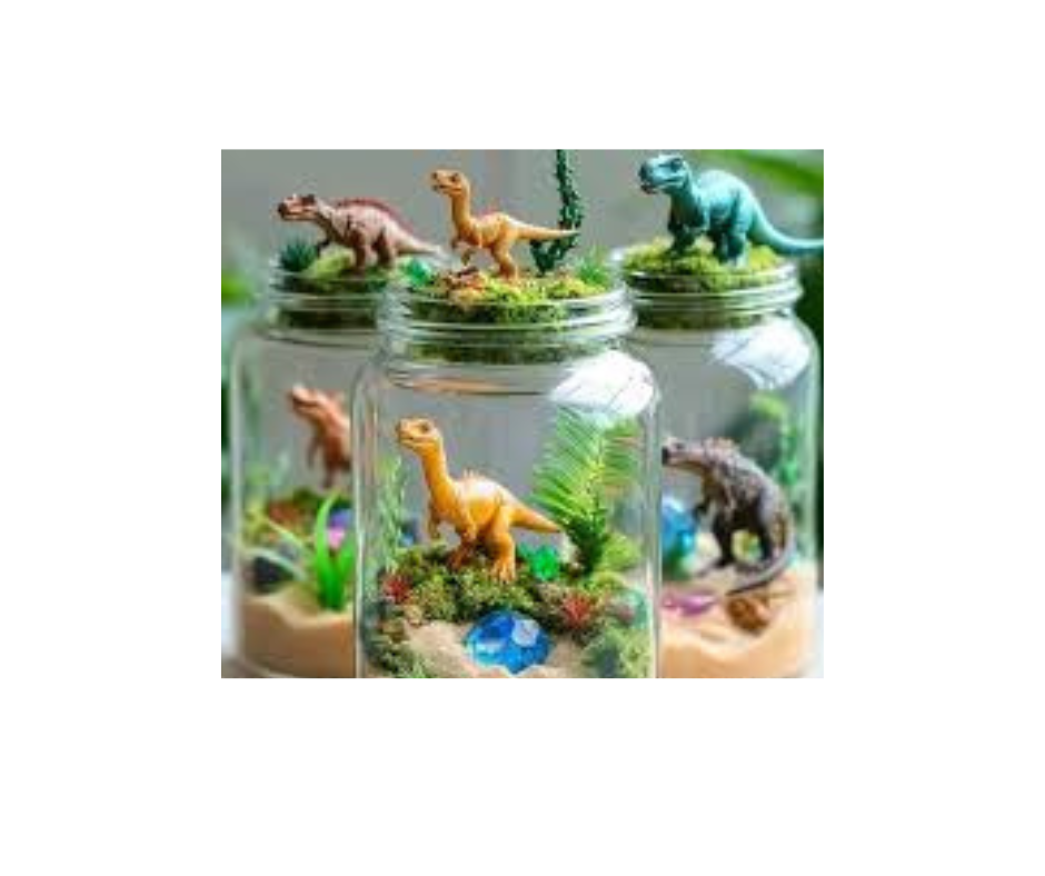 image of mason jar with dinosaur figurines inside