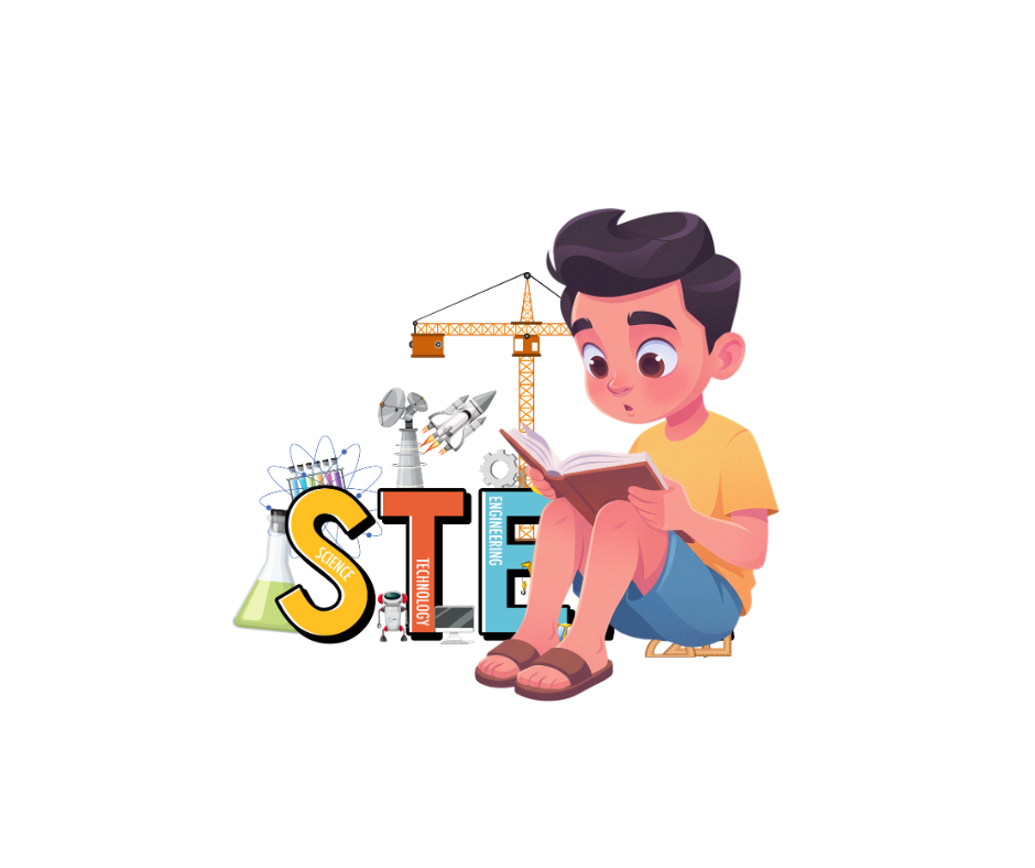 boy reading book with STEM in the background with science tools