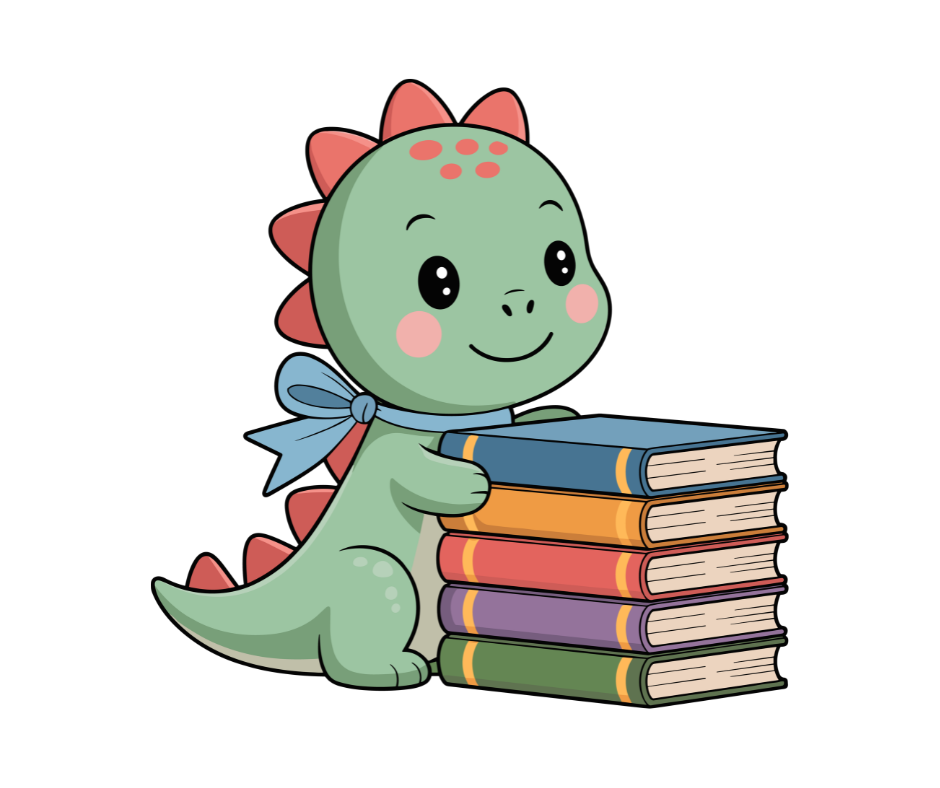 cartoon dinosaur and stack of books