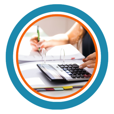 Photo of an individual with computer/calculator filling out documents