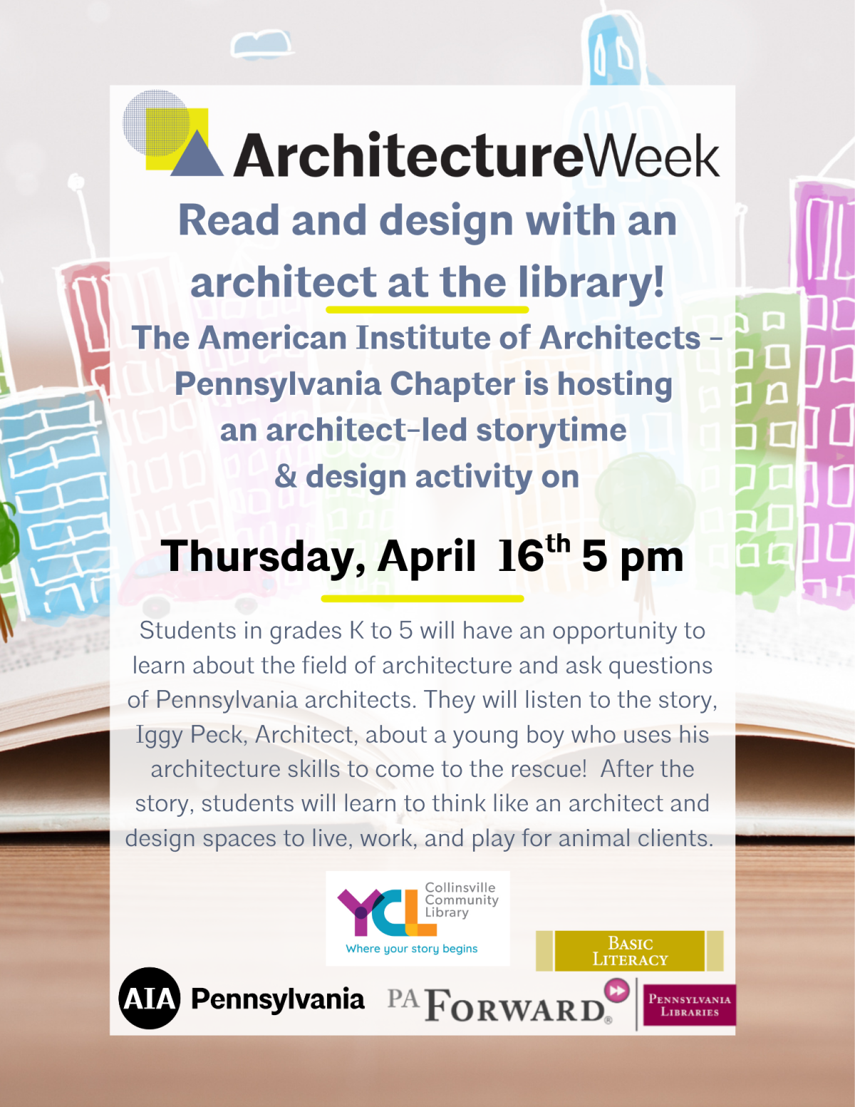 image of desk with architecture supplies and words about the event time and date