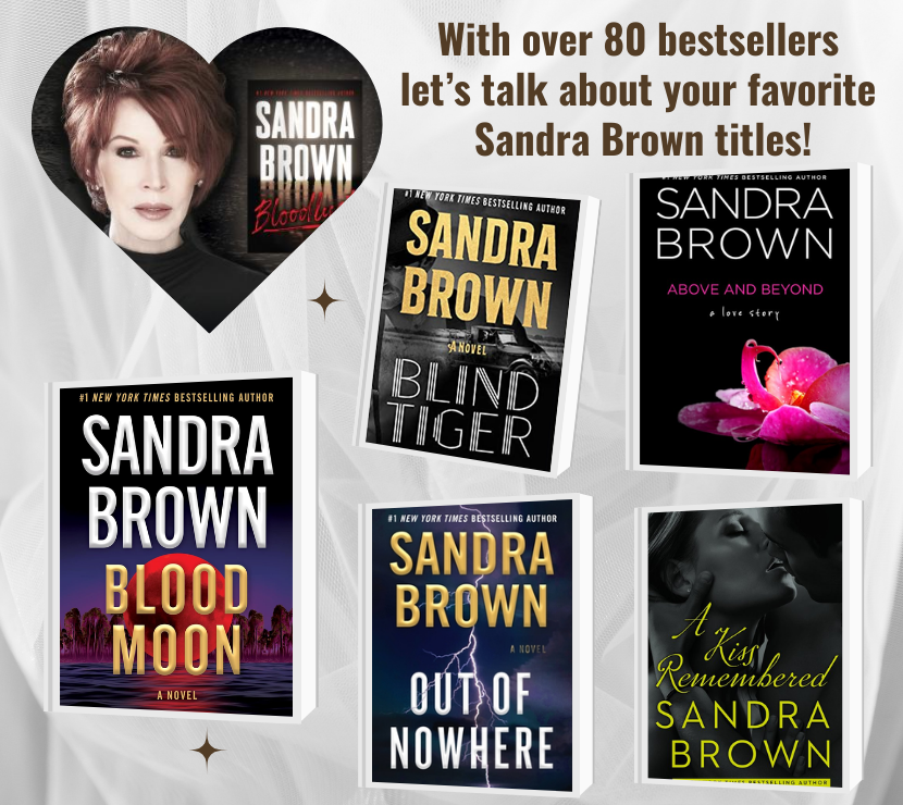 Graphic with a photo of author Sandra Brown surrounded by 5 of her novel book jackets