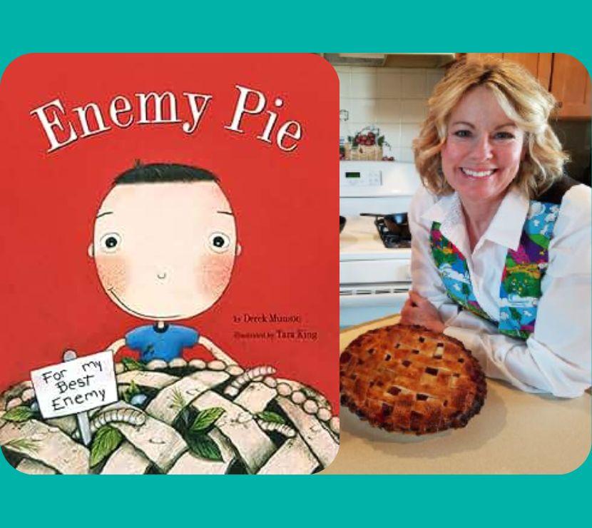book cover of enemy pie with photo of beth showing off a pie