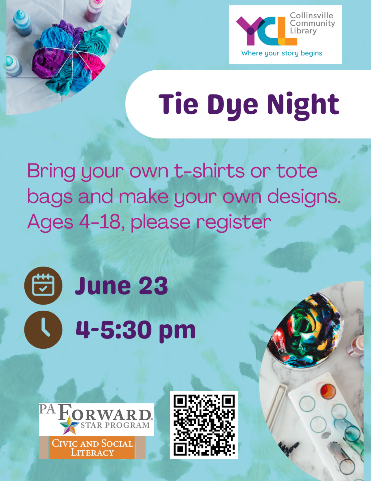 image of tie dying materials and details of time and place for event