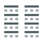 Two columns of tables facing forward with 2-3 chairs behind each desk. The total count of rows may vary.